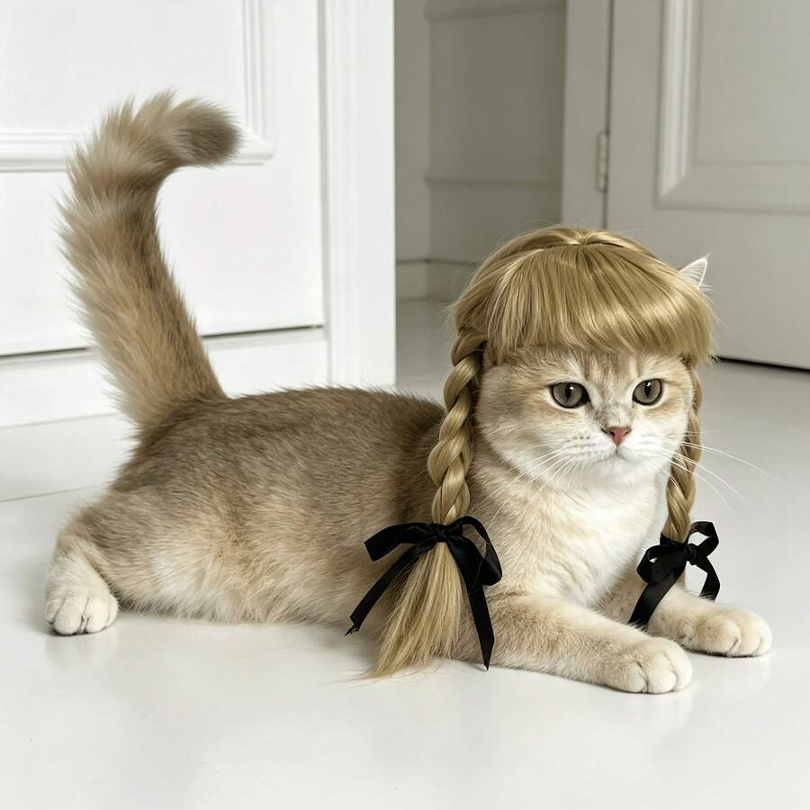 Cute Pet Double-Braid Wig With Black Bow, Suitable For Small/Medium-Sized Dogs And Cats, Braided Hair Accessory For Costumes And Dress-Up, Ideal For Cosplay, Themed Parties, Halloween - Maroon - View 1