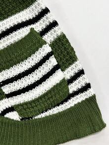 Cardigan Wanita Motif Garis Hijau Musim Gugur/Dingin, Dengan Saku, Lengan Panjang, Bagian Depan Terbuka, Gaya Liburan - MultiWarna - View 8