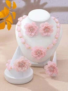 5pcs Women's Jewelry Set Exaggerated Vintage Elegant Acrylic Beaded Flower Pendant Necklace, Earrings, Bracelet, Ring Set Suitable For Beach Vacation, Party, Banquet And Daily Wear - Pink - View 3