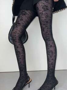 1 Pair Vintage Dark Hollow Lace Gothic Court Rose Flocked Tights, Subculture Y2K Hot Girl Stockings - Multicolor - View 2