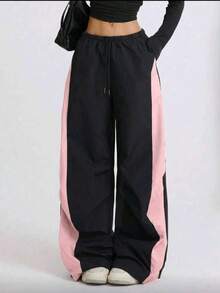 Women's Fashion New Colorblock Letter Patchwork Drawstring Casual Pants, Suitable For Spring, Summer, Autumn And Winter, Daily, Home, Vacation, Loose, Sporty, Versatile, Slimming, Straight Leg, Relaxed, Dance, Cargo Pants - Black and Pink - View 4