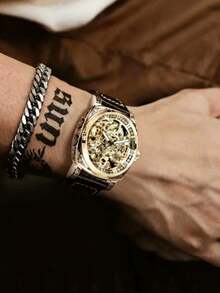 Herren-Armbanduhr in Schwarz aus Zinklegierung, Business-Stil, leuchtend, graviert, Automatik-Tourbillon, skelettiert, mechanisch - Schwarz - Übersicht 3