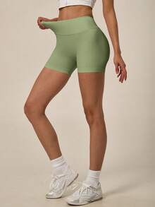 TimeOff Women's 1pc Solid Color High Waist Ribbed Waistband Ruched Back Athletic Shorts - Army Green - View 6