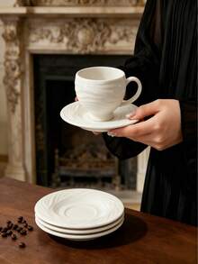 6 Sets/1 Set White Swirl Embossed Wave Pattern Ceramic Coffee Cup & Saucer Set, Vintage European Style Porcelain Teacup, Dishwasher , Afternoon Tea Coffee Cup Gift Set, Suitable For Espresso/Latte, Home Kitchen, Cafe, Table Decor And Gifts - Multicolor - View 5