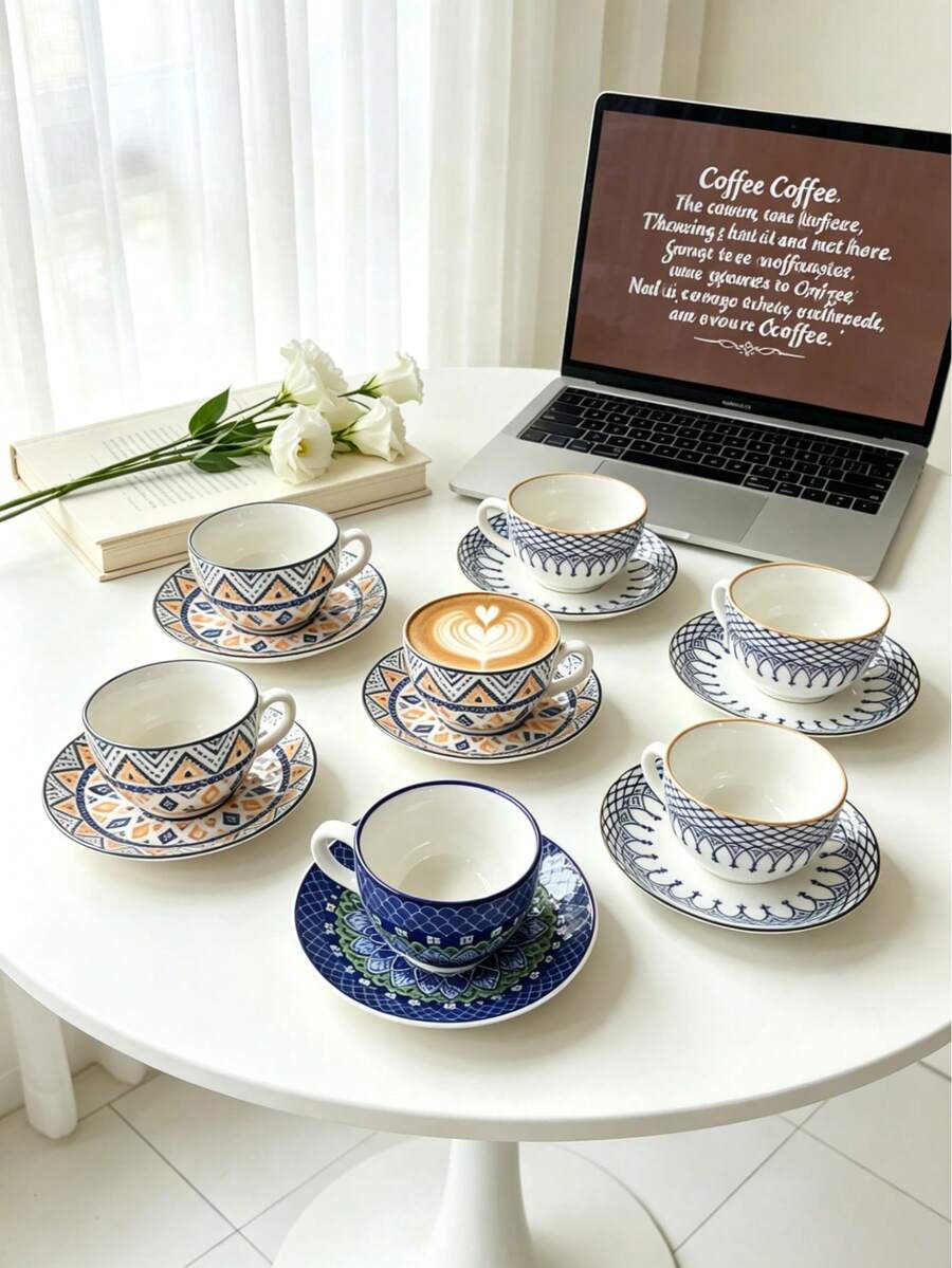 1 Set Boho-Keramik-Kaffeetasse und Untertasse, italienische Espresso-Luxustasse, geeignet für Zuhause, Küche, Café, Tischdekoration und als Geschenk. Perfekt für Home-Café-Ästhetik, minimalistisches Trinkgeschirr, geeignet für Nachmittagstee, italienische Kaffeetasse, Muttertagsgeschenk, Abschlussgeschenk, Sommer-Küchenessentials - Verschiedenfarbig - Übersicht 1