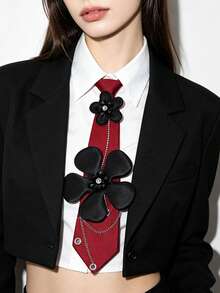 1PC Women's Burgundy 3D Black Flower Rhinestone Chain Tie-Less Bow Tie, Sweet Cool JK School Style Shirt Decorative Bow - Red Background With Black Flowers - View 1