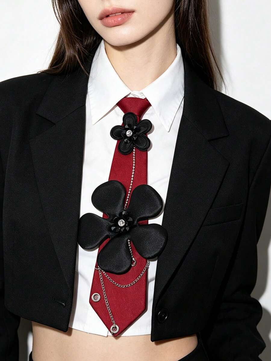 1PC Women's Burgundy 3D Black Flower Rhinestone Chain Tie-Less Bow Tie, Sweet Cool JK School Style Shirt Decorative Bow - Red Background With Black Flowers - View 1