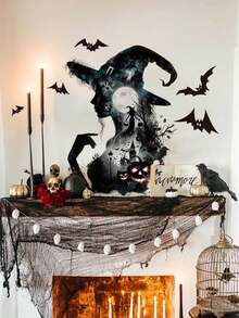 1pc Halloween Silhouette Witch Bat Castle Pumpkin Wall Decal Sticker, Removable Room Decor For Bedroom Living Room Holiday - 1PC - View 2