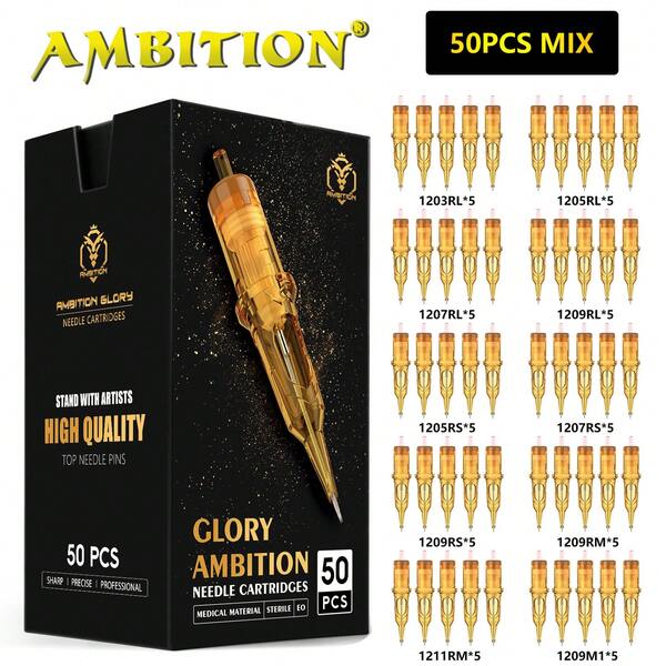 Ambition 50pcs/Box Glory Mixed Size RL/RS/M1 Tattoo Cartridge Needles Permanent Makeup Tattoo Machine Supplies 0.3mm/0.35mm