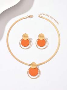 2pcs/Set Creative Personalized Necklace & Earrings Jewelry Set For Women, Fashion Metal Style, Geometric Brushed Round Disc Hollow Circle Layered Design Pendant Necklace, Orange & Gold Contrast Color, Minimalist Elegant Style, Spring/Summer Outfit, Autumn/Winter Matching, Daily, Party, Gathering, Middle Eastern Style, Wedding Season Wear, Holiday Gift For Best Friend/Girlfriend - Multicolor - View 2
