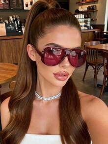 1 Pair Unisex Oversized Aviator Fashion Glasses, Suitable For Casual Shopping, Atmospheric Photography, Versatile Fashion Accessory - Solid Red - View 3
