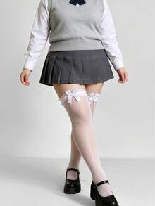 1雙女款蕾絲過膝襪，附蝴蝶結裝飾，休閒學院風，適合日常學院風穿搭 - 白色 - 查看 6