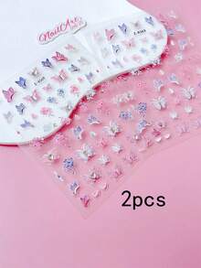 2pcs 5D Embossed Rhinestone Nail Sticker, Nails, DIY Decoration, Featuring White Snow Mowing, Aurora Iridescent Pink Purple Flowers, And Butterfly Patterns, Suitable For Creating Sweet, Dreamy, And Gentle Wedding Nail Art In Summer Nail Stickers - Multicolor - View 7