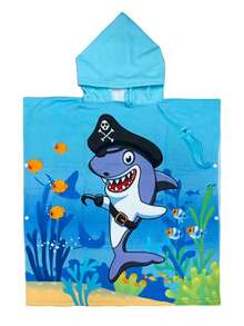 Hooded Cloak Style Super Absorbent Bath Towel, Swimsuit Wearable For Pool, Beach, Bathroom, Shark Pattern - Blue Shark Pirate - View 8