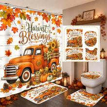 1pc/4pcs Autumn Harvest Blessing Pumpkin Truck Pattern Multi-Functional Bathroom Decor Shower Curtain Set, Free 12 Hooks, Premium Holiday Atmosphere, Bathroom Mat U-Shaped Rug And Round Toilet Lid Cover, Suitable For All Scenes Bathroom Set - Pumpkin Truck - View 1