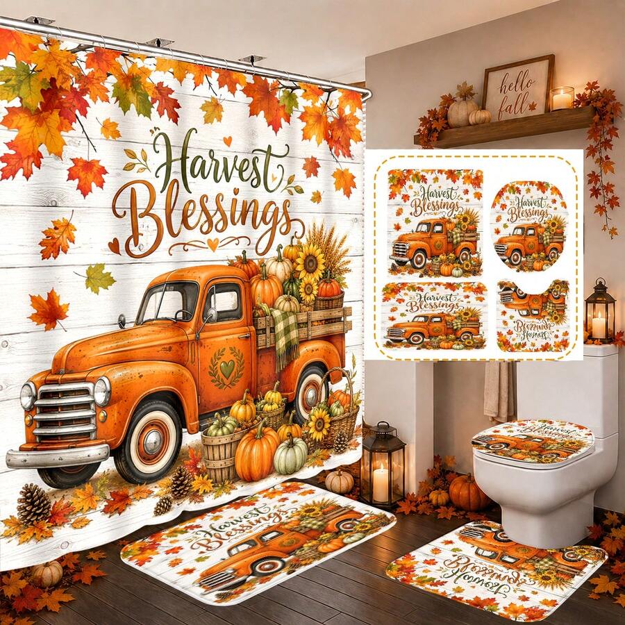 1pc/4pcs Autumn Harvest Blessing Pumpkin Truck Pattern Multi-Functional Bathroom Decor Shower Curtain Set, Free 12 Hooks, Premium Holiday Atmosphere, Bathroom Mat U-Shaped Rug And Round Toilet Lid Cover, Suitable For All Scenes Bathroom Set - Pumpkin Truck - View 1