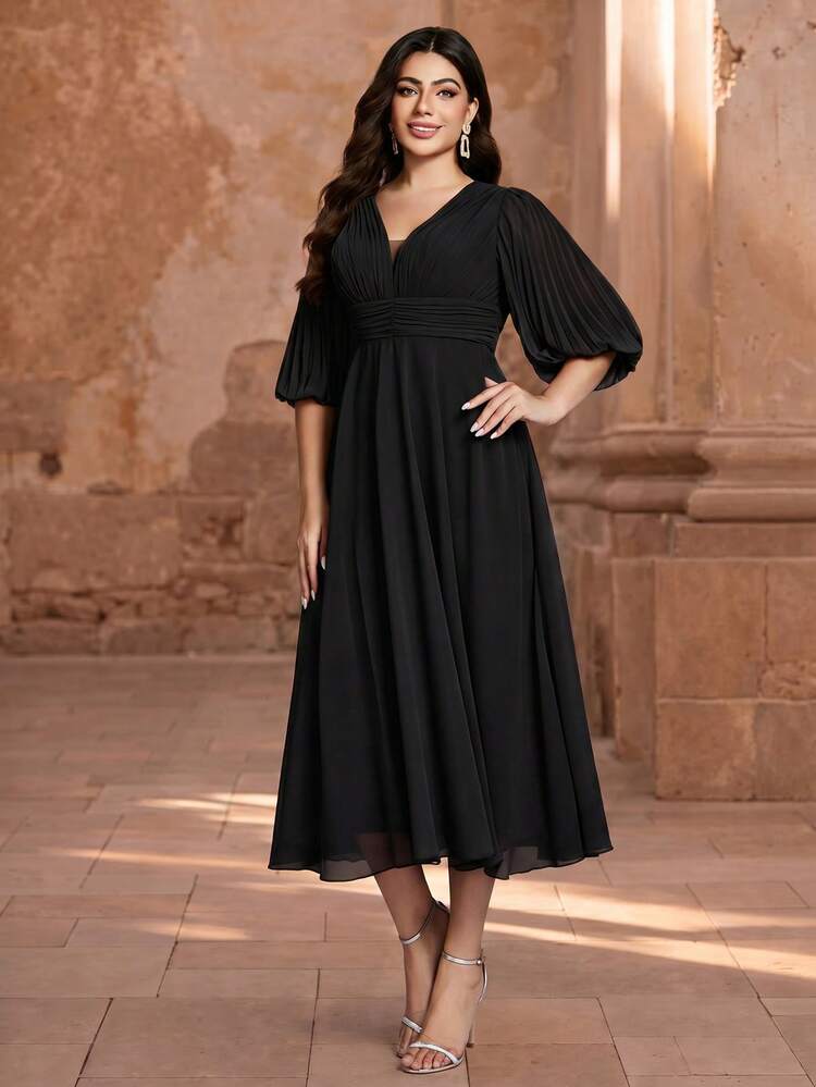 Summer/Autumn Plus Size Elegant Black Chiffon Midi Dress, Deep V-Neck Pleated Puff Sleeve Cinched Waist Ruched A-Line Skirt, Suitable For Wedding, Party, Holiday, Business, Daily Wear - Black - View 6