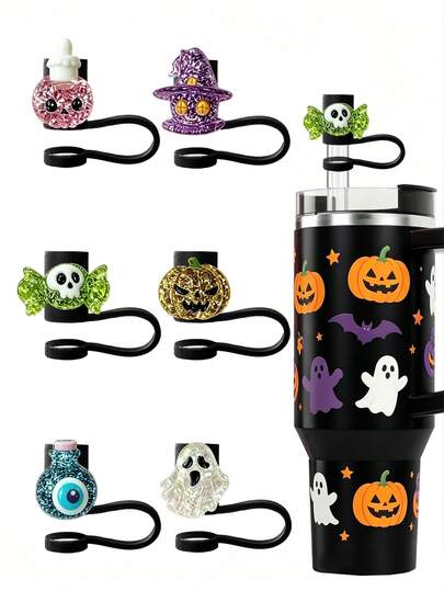 6/1pc Halloween Straw Topper Set, Magic House, Pumpkin, Ghost, Skull Straw Caps, Reusable Cup Straw Plugs, Tumbler Accessories, Halloween Party Favors, Holiday Gifts, Fits 30&40oz Tumblers, 10mm Straw Toppers