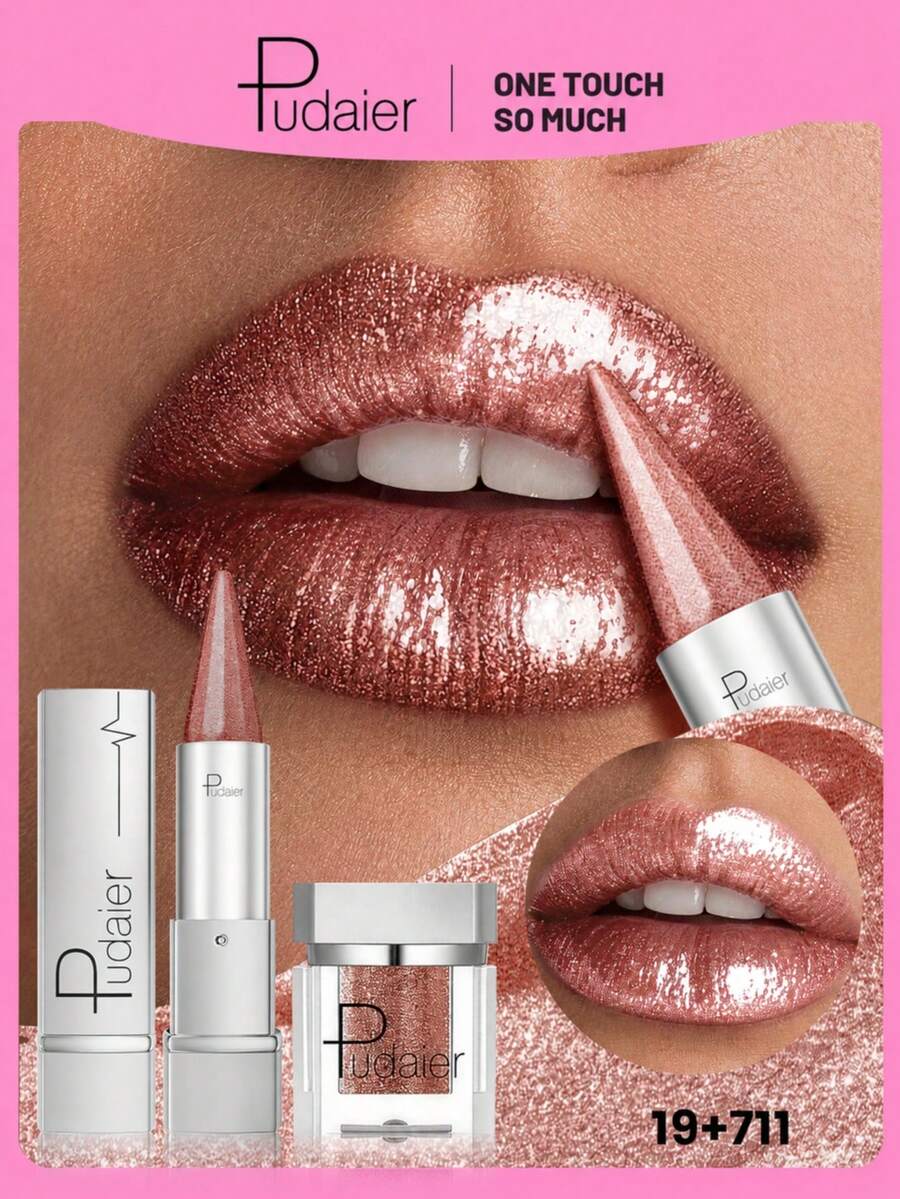Pudaier Metal Pointed Lipstick & Shiny Sequin Set - Precise Lip Contouring, Smooth Application, Create Charming Lips, Suitable For Daily And Party Makeup, Ideal Gift For Women - 19+711 - View 1