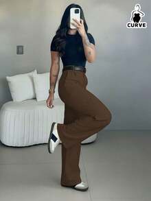 Women's Plus Size Woven Straight Leg Pants With Button & Zipper Detail Long Medium Stretch For Fall Outfits Brown - Brown - View 4