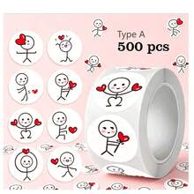 1 Roll 500pcs Sketching Label Stickers, Cartoon Cute Creative Round Stickers For Children's Scrapbook, Gift Packaging, Food Packaging Seal, Laptop Decoration, Refrigerator Decoration - Multiple Styles - View 3