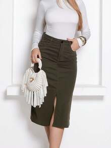 Women's Long Denim Skirt With Pockets, Flared, Frayed Hem, High Waist, Elegant, Green - 軍綠色 - 查看 3
