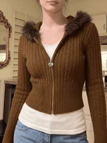 Women's Knitted Off-Shoulder Polka Dot Long Sleeve Pullover Sweater, Suitable For Autumn Wear - Brown - View 4