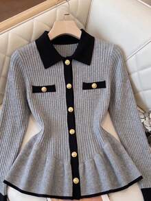 Women's Fashion Long Sleeve Knit Cardigan, Peter Pan Collar With Gold Buttons, Ribbed Knit Casual Top, Autumn/Winter Outfit - Grey - View 4
