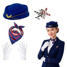 1件/5件組 空服員服裝套裝，含空服員帽子、徽章、圍巾、手套，適合萬聖節角色扮演、服裝派對、主題派對、單身女派對及其他派對場合，女款服裝套裝 - 彩色 - 查看 4