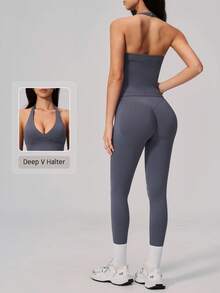 NcmRyu Women's One Set Solid Color Halter Neck Backless Tank Top Ribbed Waist Leggings Sports Set - Grey - View 11