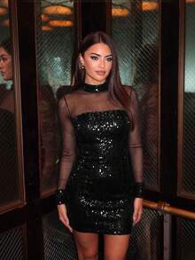 CHOSMO Robe courte sexy et élégante à sequins, détails en maille de couleur contrastée, tenue de soirée romantique pour mariage, noir, automne - Noir - Voir 1