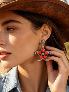 3 styles de boucles d'oreilles à tige vintage western orange-rouge turquoise, forme de tournesol/forme ronde de pièce embossée/forme de croix enroulée, accessoires de cowboy bohème western, convient pour les hauts en denim à décolleté bas, les voyages dans le désert, les tenues de style américain vintage, la combinaison de couleurs orange-rouge + bleu turquoise est la combinaison de couleurs emblématique des bijoux western - Style bohème - Voir 4