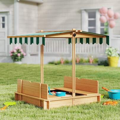 Outsunny Arenero para Niños de Madera Arenero Infantil con Toldo Ajustable en Altura 2 Bancos y Respaldos Desmontables para Patio Jardín 106x106x115 cm Natural y Rayas Verdes