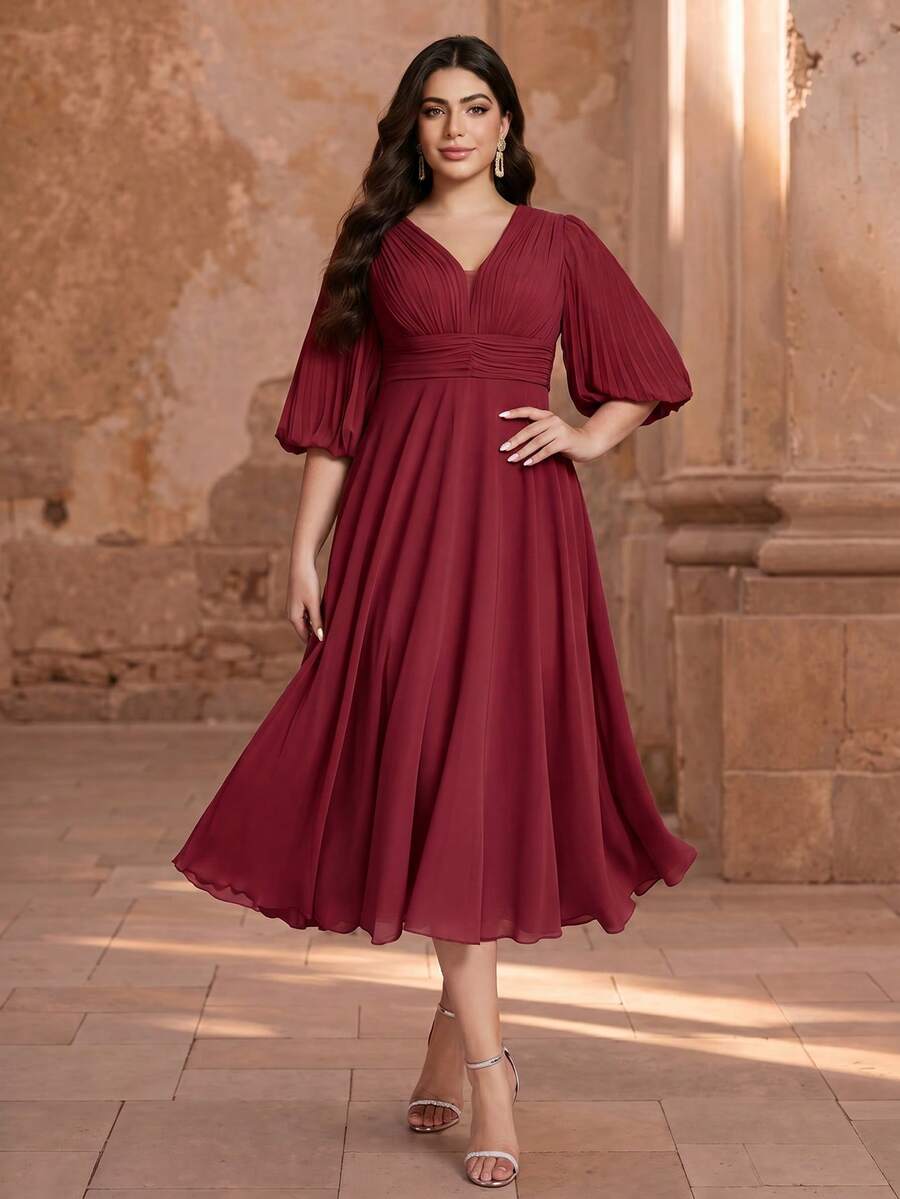 Plus Size Summer Elegant Burgundy Chiffon Midi Formal Dress, Deep V Pleated Lantern Sleeve Ruched Waist A Line Wedding Guest Party Evening Gown - Jujube Red - View 1
