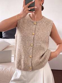 1pc Minimalist Solid Color Gentle Vibe Single-Breasted Metal Button Knit Vest, Casual Tops For Women, Round Neck Fashionable Sweater - Khaki - View 10