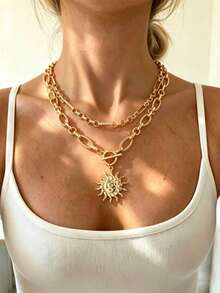2pcs Vintage Exquisite Sun Pendant OT Clasp Chain Gold Layered Necklace Set, Versatile Neck Jewelry For Women, Suitable For Daily Wear, Dates And Parties - Gold - View 2