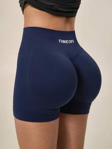 TimeOff Women's 1pc Solid Color High Waist Ribbed Waistband Ruched Butt Athletic Shorts - Navy Blue - View 7