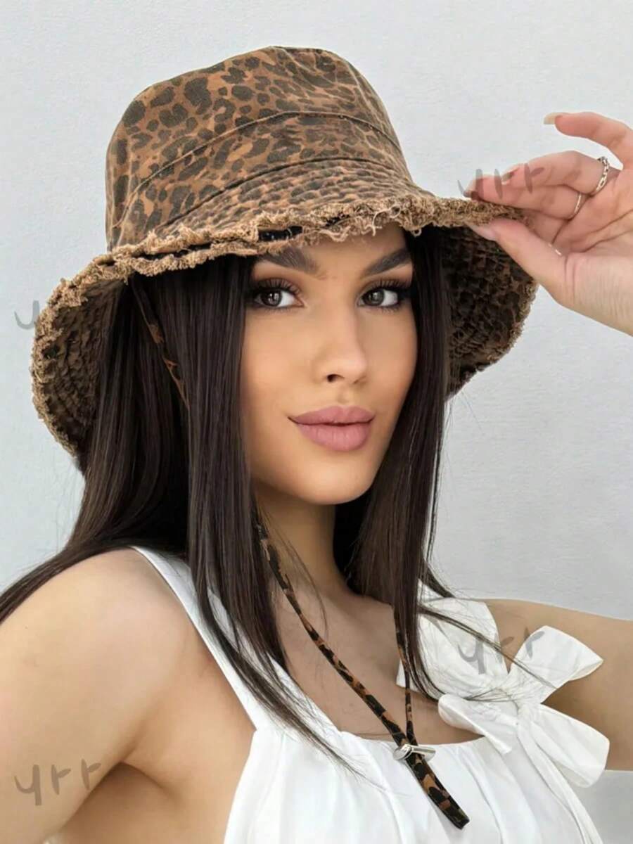 1pc Korean Style Leopard Print Bucket Hat, Casual Women's Spring/Summer Versatile Face-Slimming Wide Brim Thin Sun Protection Hat - A - View 1