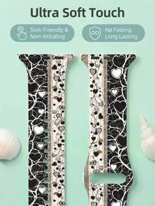 1pc Stylish Black & White Heart Print Silicone Band For Apple Watch Band 38/40/41/42/44/45/46/49mm 1-11 Series Women's Elegant Replacement Strap - Black and White - View 6