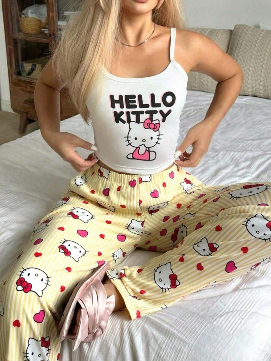 2件組 Hello Kitty 印花女款細肩帶短版背心 + 直筒彈性腰長褲居家休閒套裝