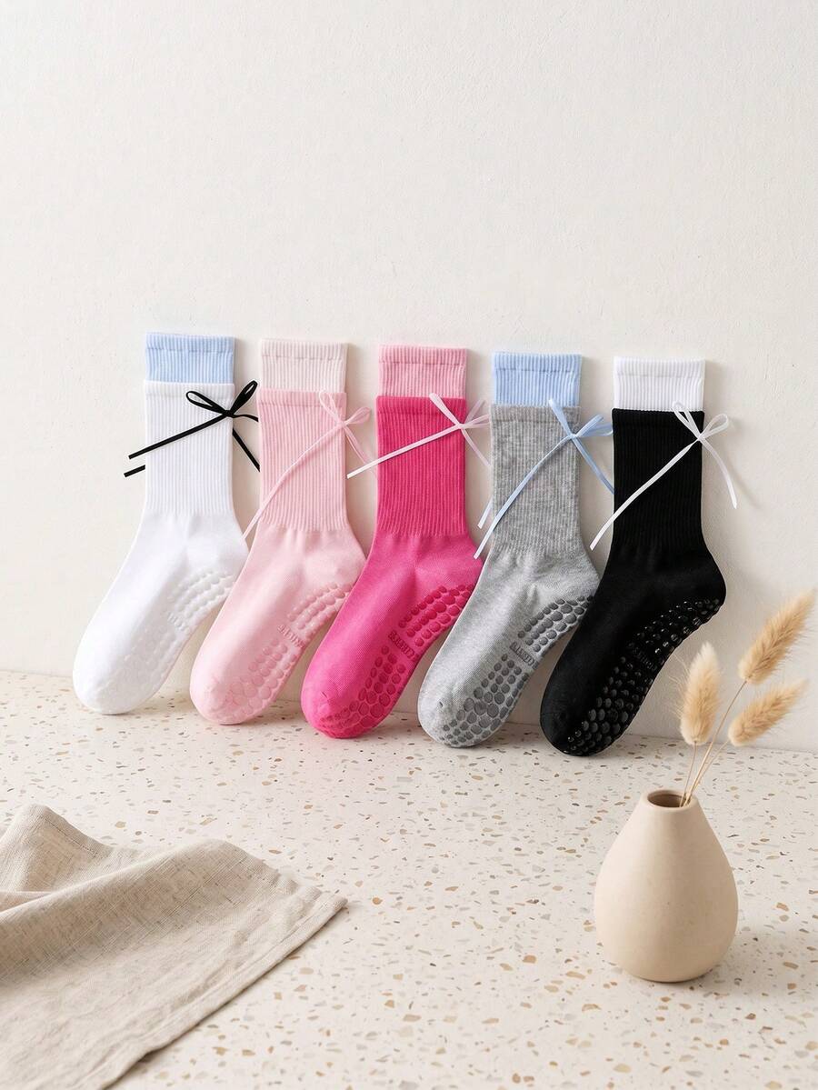 1 Pair Women's Pilates Yoga Socks, Silicone Non-Slip Sports Floor Socks, Faux Double Layer Design, Ballet Style With Bow And Ribbon Mid-Calf Socks - Multicolor - View 1