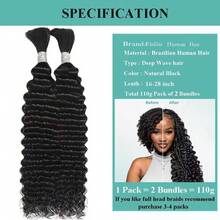 Eulisi Human Braiding Hair For Boho Braids 110g 20 Inch Deep Water Wave Bulk Human Boho Hair For Braiding No Weft 12A Wet And Wavy Curly Human Hair Extensions 2 Bundles/Pack Natural Color - Natural Black - View 8