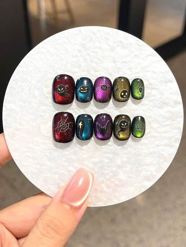 10PCS Handmade Press On Black Glow In The Dark Cat Eye Fake Nail With Spider Silk, Skull Head, Clown, And Grimace Stickers For The Halloween Series Nail Art. Comes With Jelly Glue And Rubbing Strips As A Gift. [Halloween Limited Edition Nail Art] Handmade Press On Nails