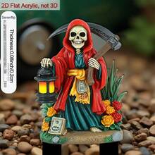 [2D Flat] 1pc 2D Flat Acrylic Garden Stake, Used For Garden And Potted Plants, Red Cape Skeleton With Scythe, Used For Decorating Yard And Potted Plants, Perfect For Decorations And Outdoor Decor, Halloween Decoration Stake, 2D Flat, No Electricity - A - View 6