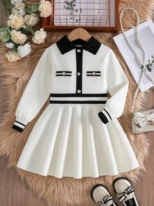 Young Girl Color Block Knit Dress, Autumn/Winter Korean Style Chic - Apricot - View 1