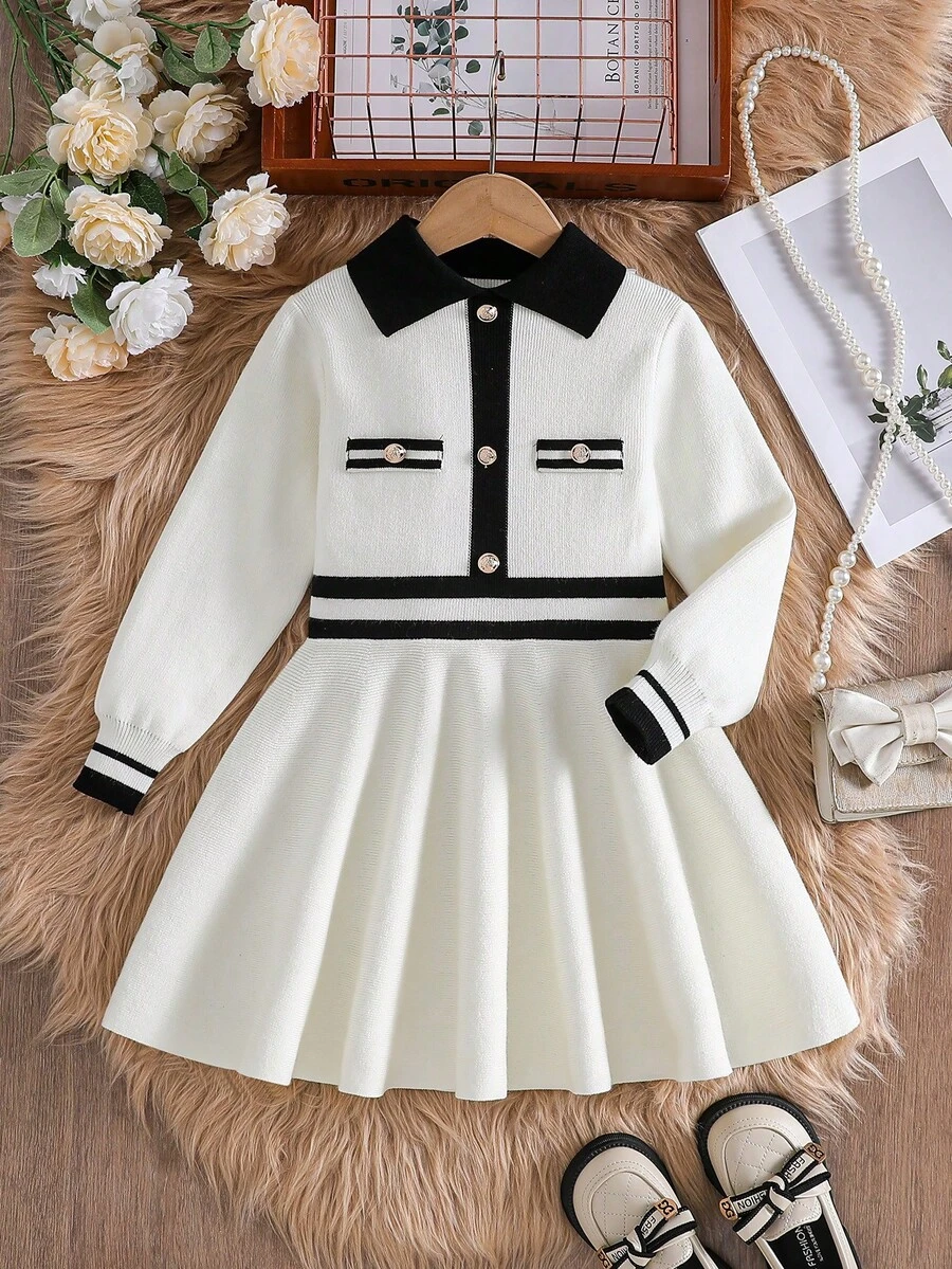 Young Girl Color Block Knit Dress, Autumn/Winter Korean Style Chic - Apricot - View 1