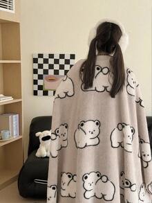 1件裝卡通動物圖案披毯，貝殼針織蕾絲飾邊，柔軟舒適保暖沙發毯，休閒毯、午睡毯，多功能居家裝飾毯，適用於床鋪、沙發、辦公室、房間裝飾、宿舍，可機洗 - 西瓜粉 - 查看 2