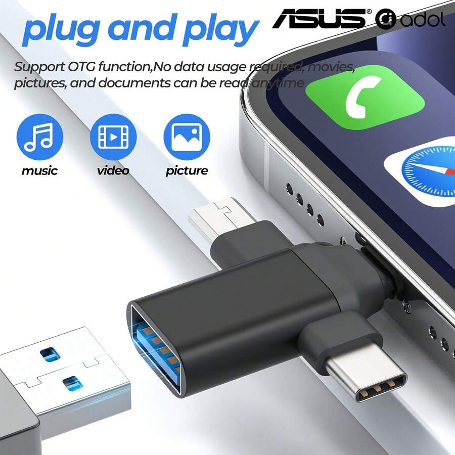 Adaptor ASUS USB ke Lightning Micro USB Type-C (3-in-1) OTG untuk iPhone 17/16/15/14 Pro Max dan Macbook, Mendukung Port Thunderbolt dan iPad 3.0, dan Kompatibel dengan Kamera HUB Samsung S25. - Hitam - View 1