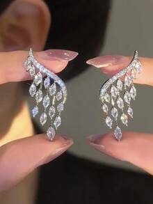 1 Pair Fashionable Exquisite Wing-Shaped Cubic Zirconia Teardrop Bridal Earrings, Engagement Anniversary Gift, Daily Commute Women's Copper Earrings - White - View 2