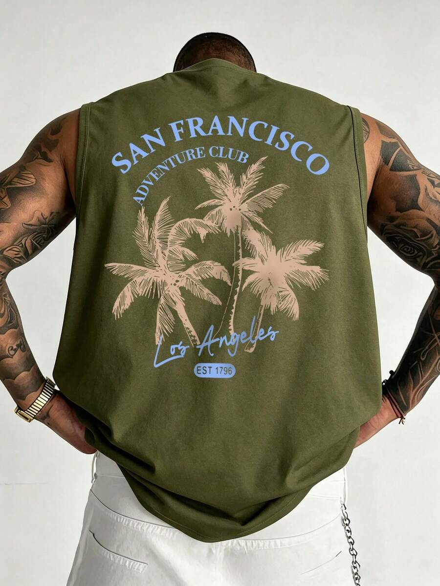 男士夏季時尚百搭休閒椰子樹字母印花圓領背心 - 軍綠色 - 查看 1